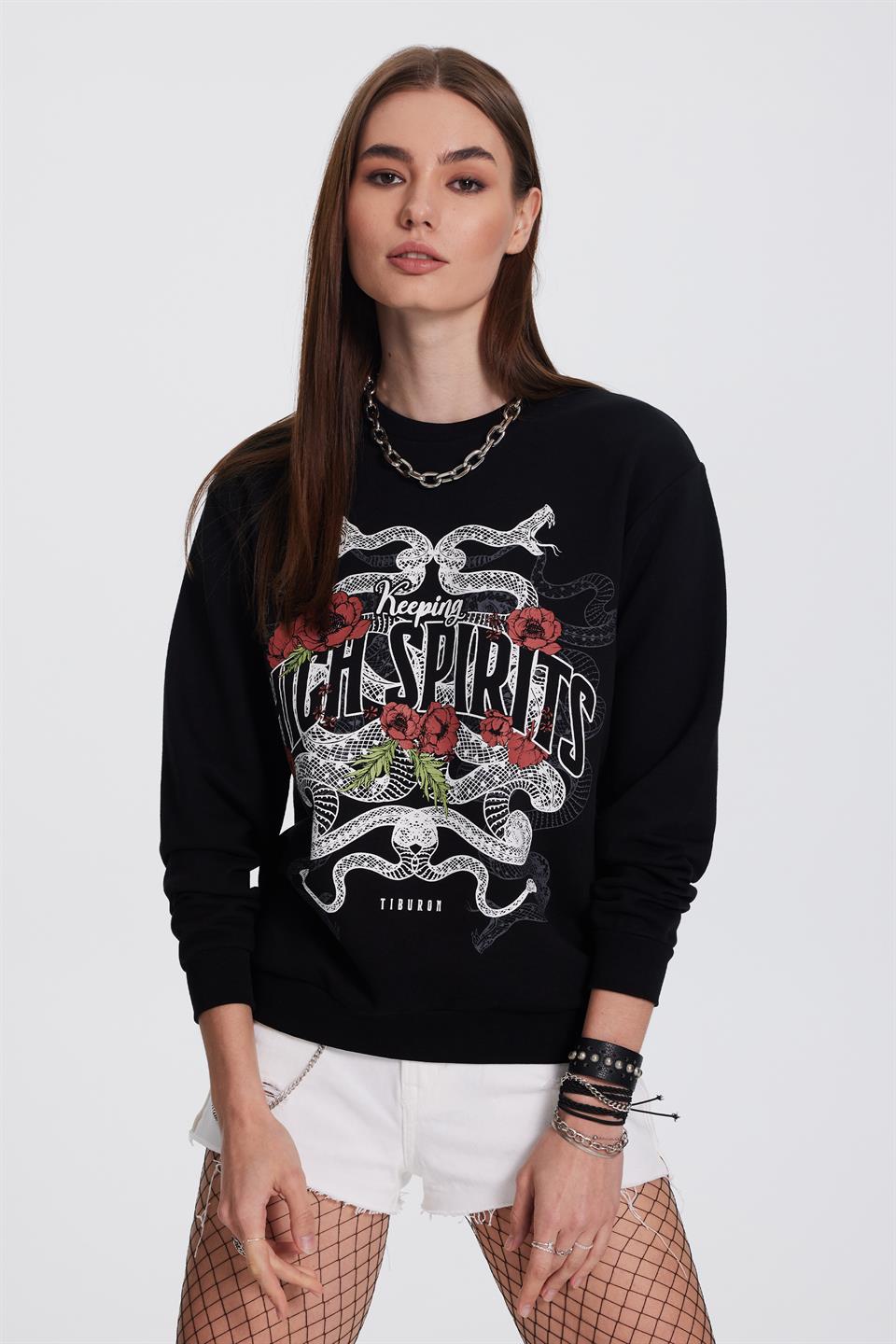 Baskılı Kadın Siyah Oversize Sweatshirt