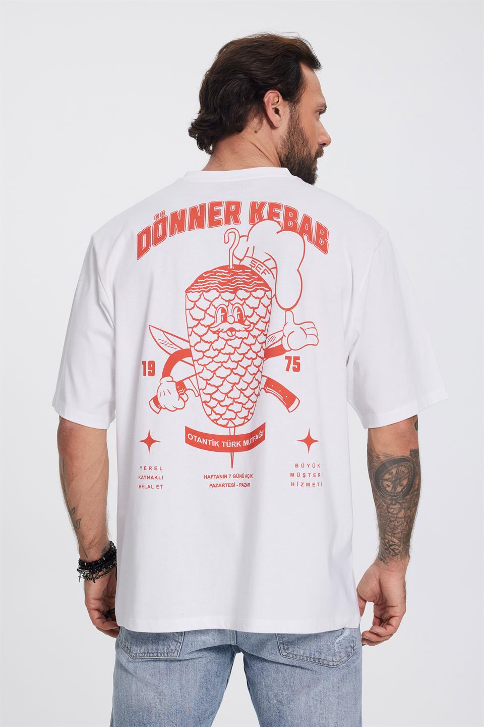 Döner Baskılı Beyaz Erkek Oversize Tişört