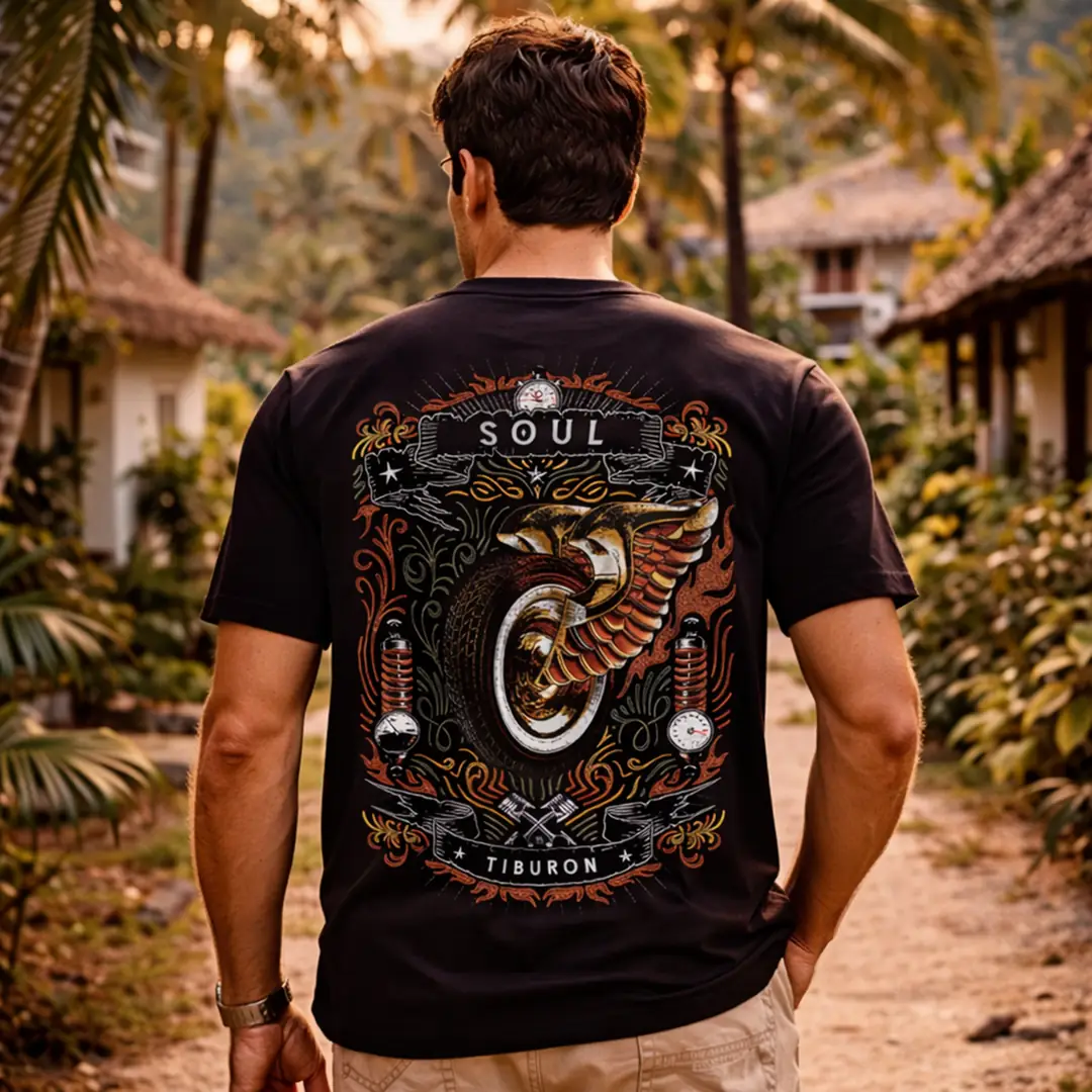 Sırt Renkli Baskılı Siyah Erkek Regular Tişört