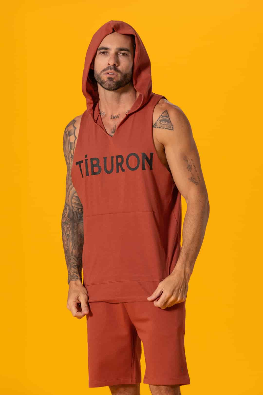 Tiburon Baskılı Kiremit Kapüşonlu Kolsuz Sweatshirt