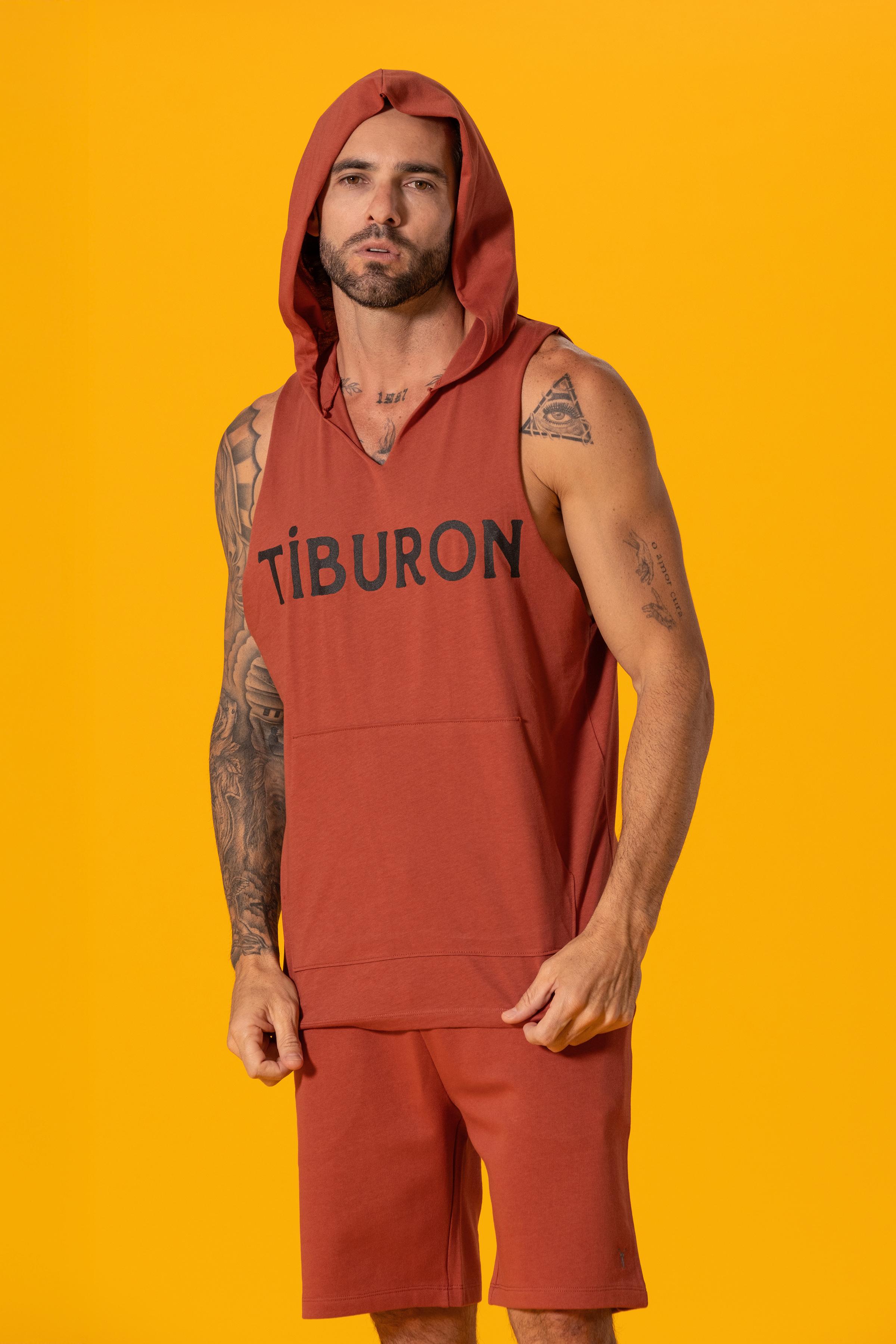 Tiburon Baskılı Kiremit Kapüşonlu Kolsuz Sweatshirt