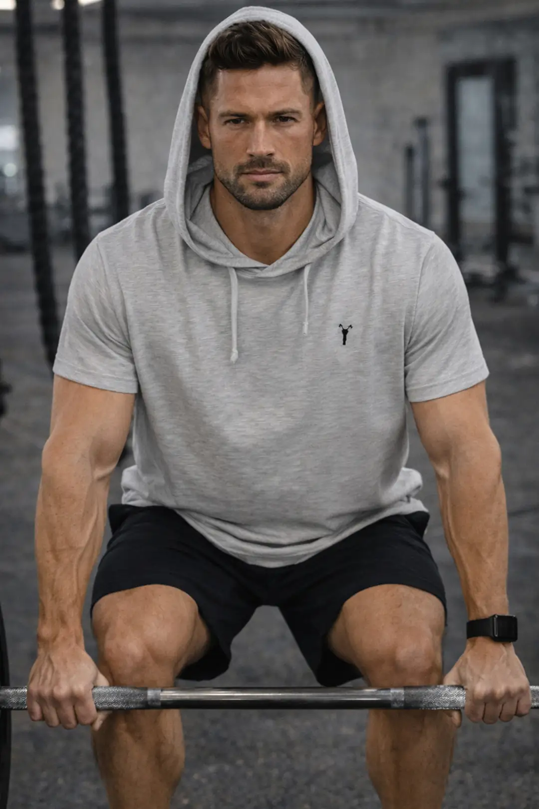 Erkek Gri Melanj Kapüşonlu Kısa Kollu Hoodie