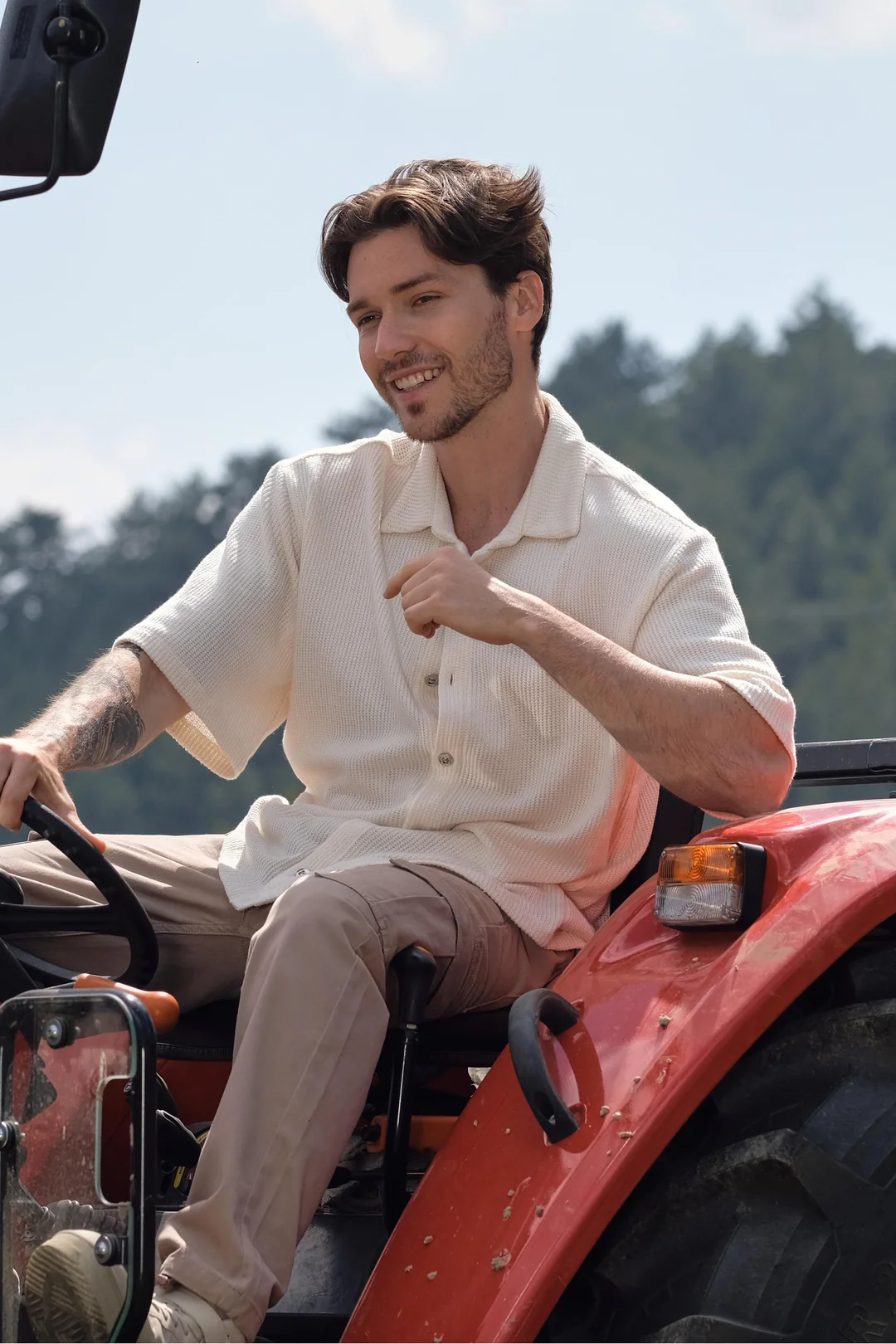 Triko Dokulu Ekru Kısa Kollu Erkek Gömlek