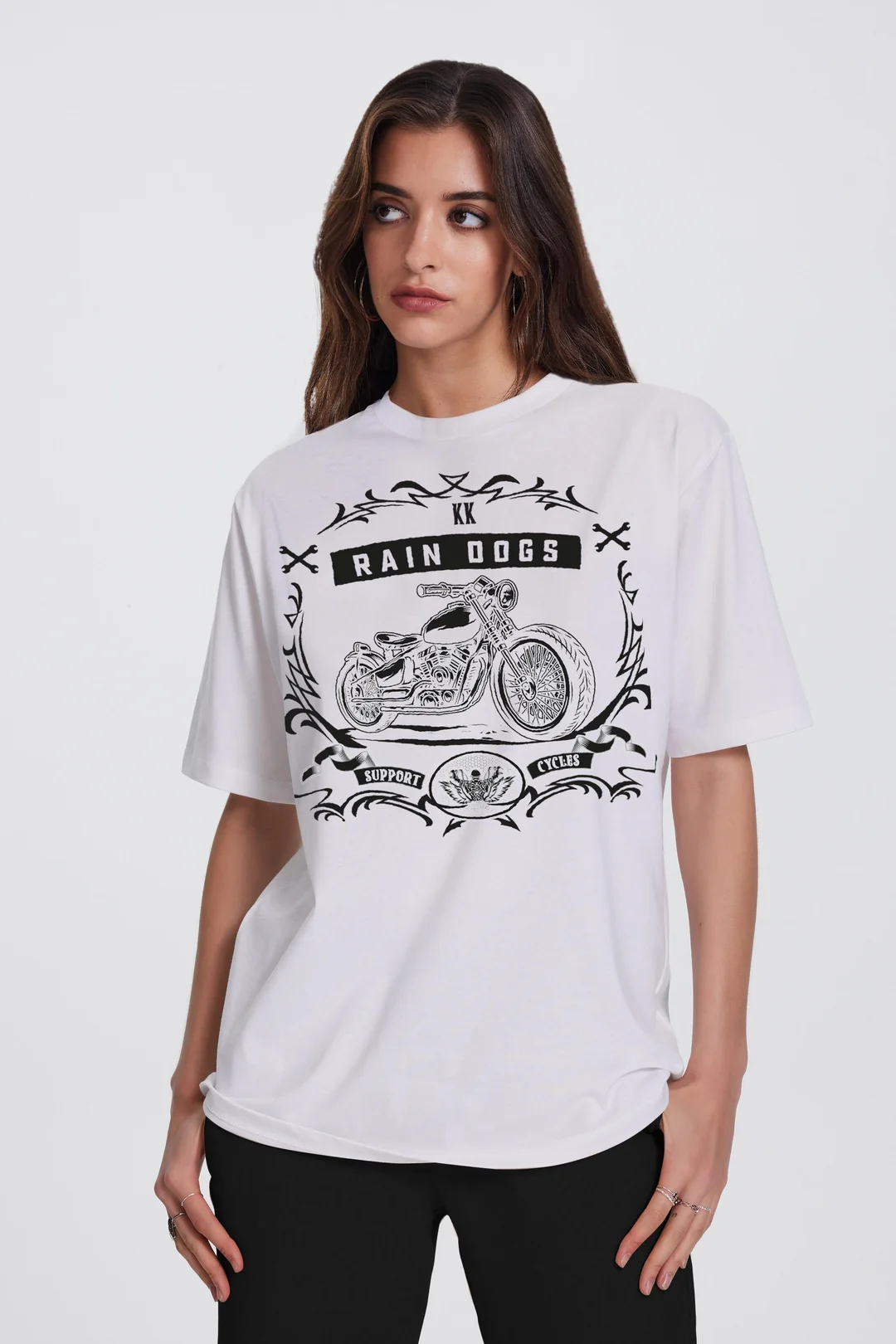 Rain Dogs Motor Baskılı Beyaz Kadın Tişört