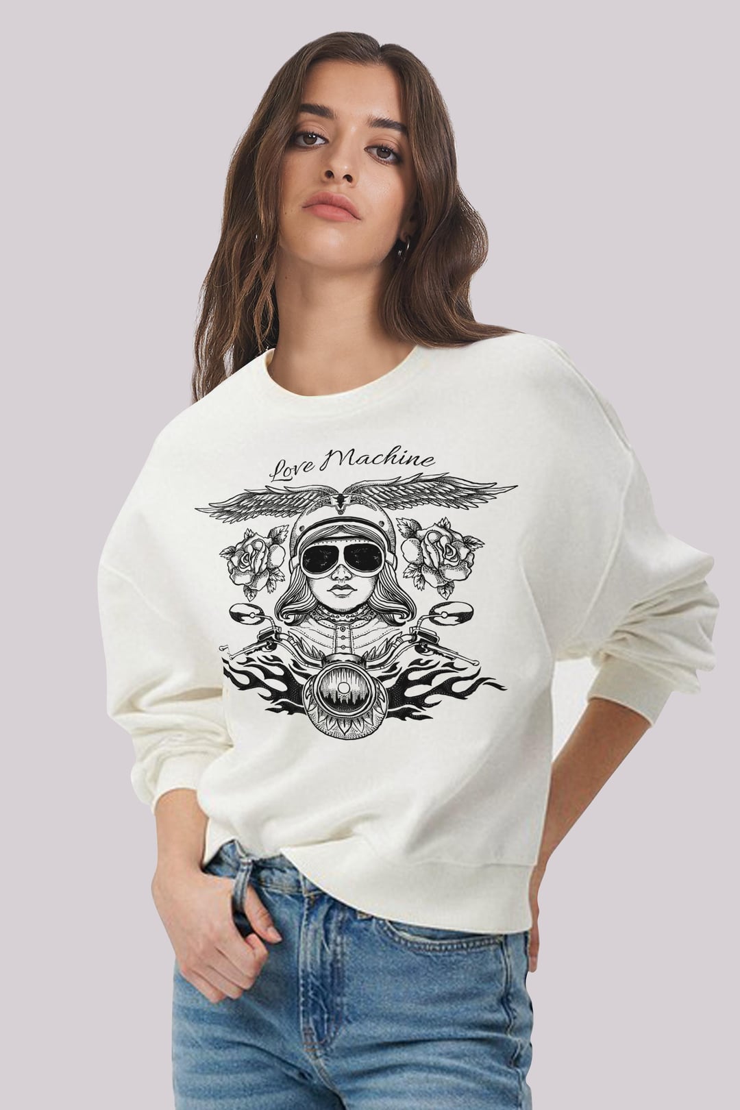 Önü Motorcu Baskılı Manşetli Ekru Kadın Sweatshirt