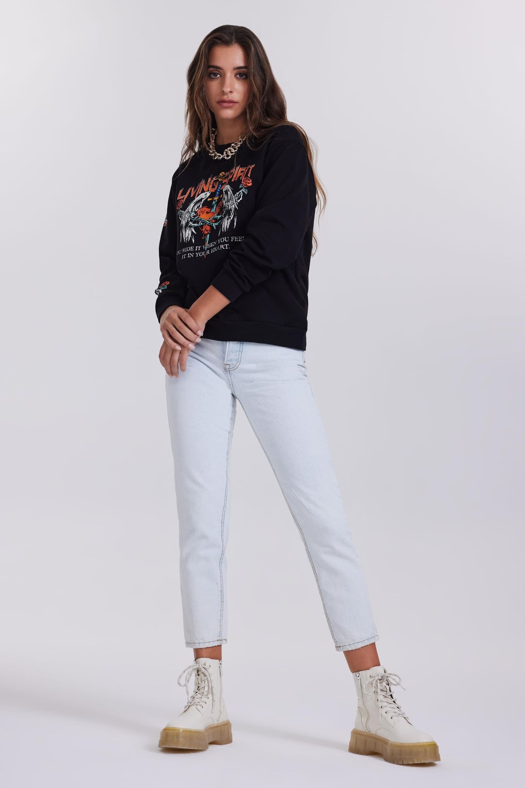 Kalp Baskılı Siyah Kadın Sweatshirt