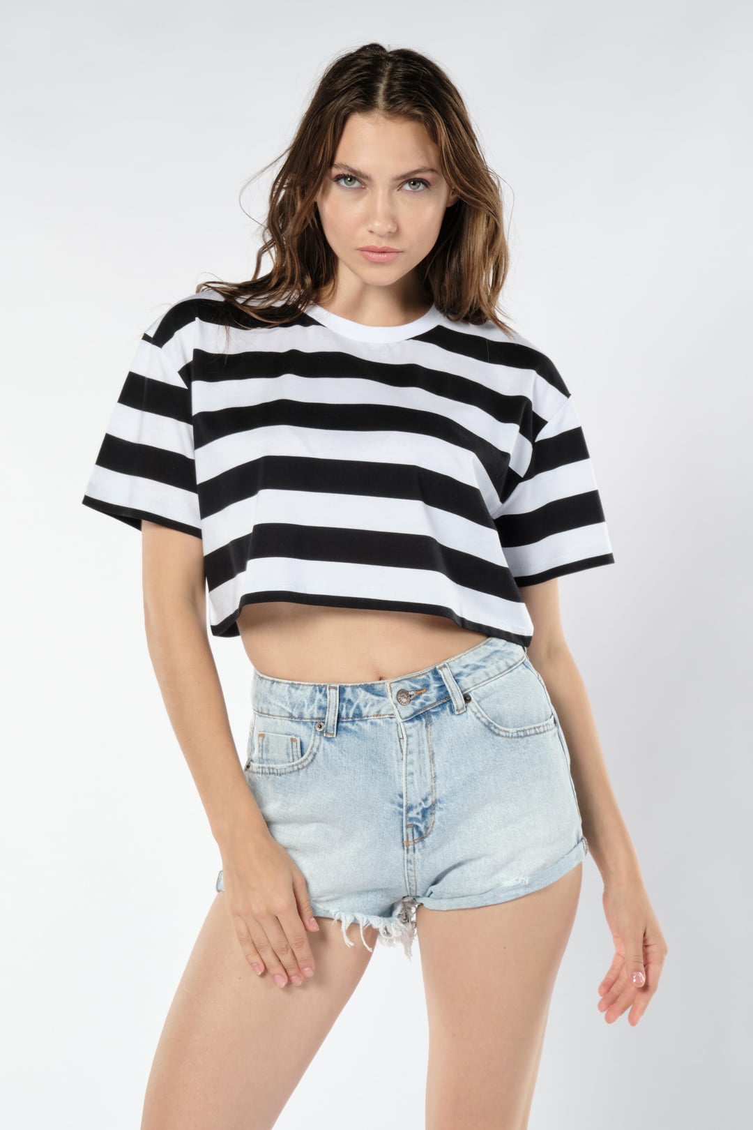 Çizgili Kadın Crop Tişört