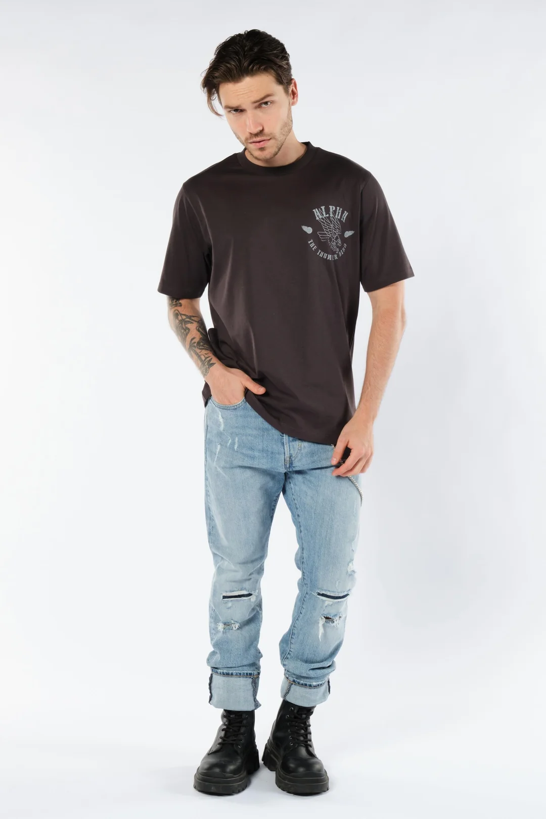 Önü ve Arkası Baskılı Erkek Antrasit Tişört