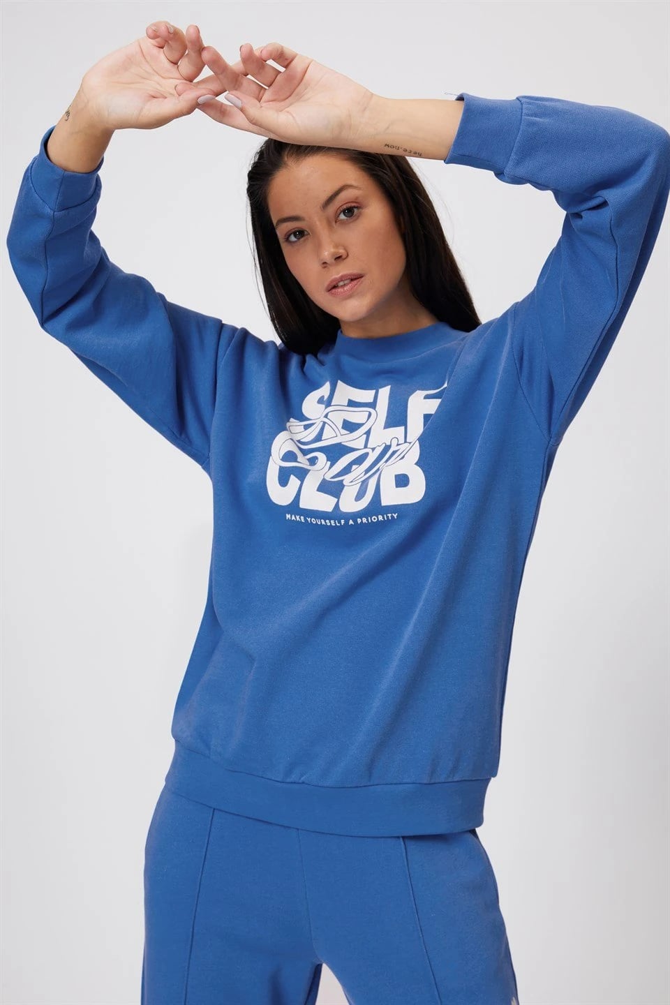 Slogan Baskılı Bisiklet Yaka Mavi Sweatshirt