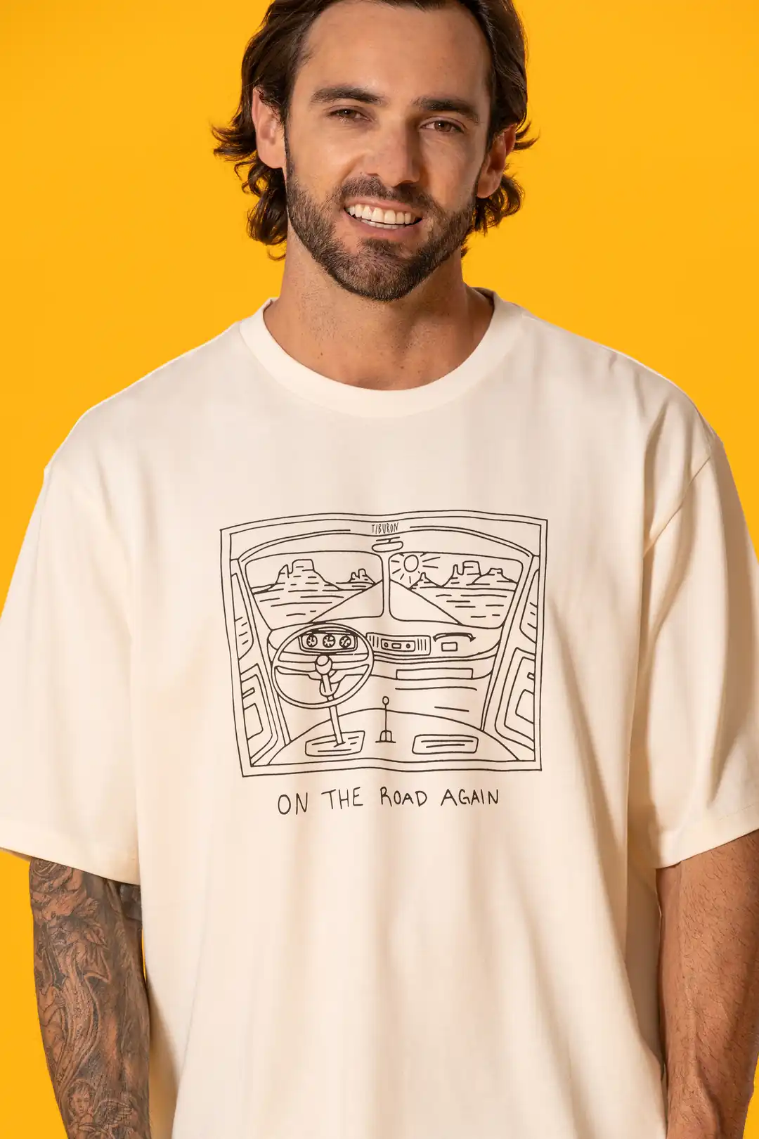 Önü Baskılı Erkek Ekru Oversize Tişört