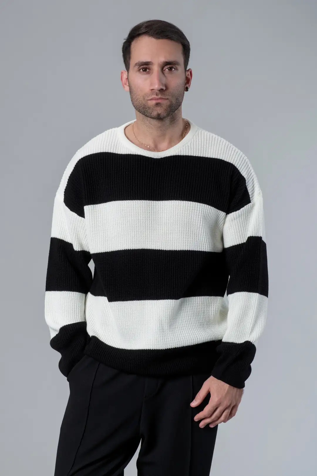 Çizgili Bisiklet Yaka Erkek Kazak