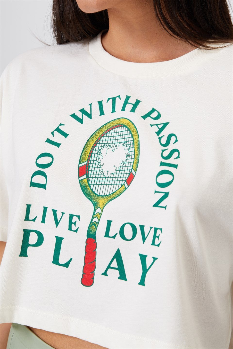 Tenis Baskılı Ekru Crop Kadın Tişört