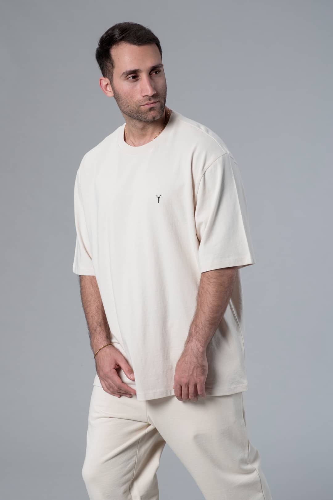 Bisiklet Yaka Ekru Oversize Tişört