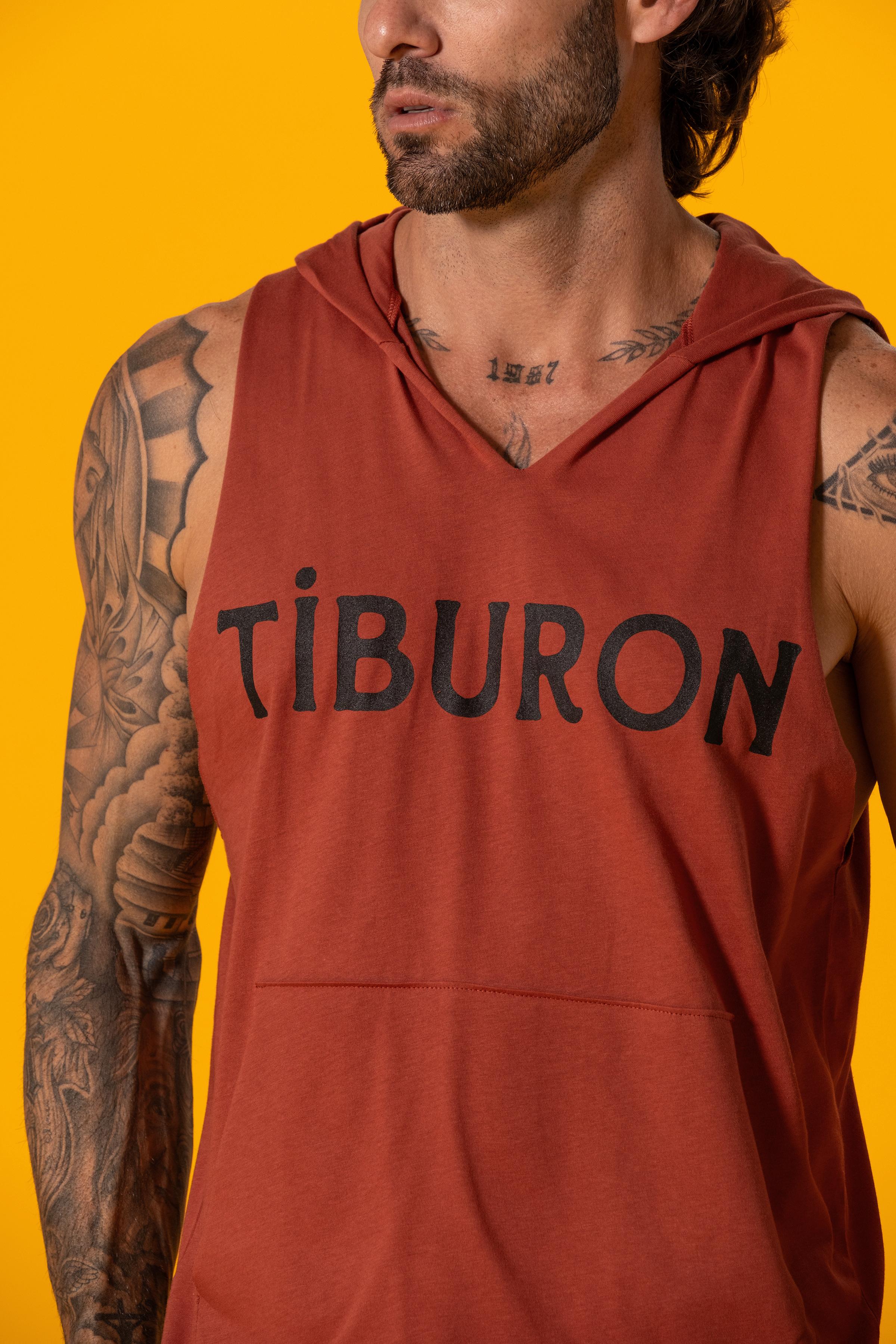 Tiburon Baskılı Kiremit Kapüşonlu Kolsuz Sweatshirt
