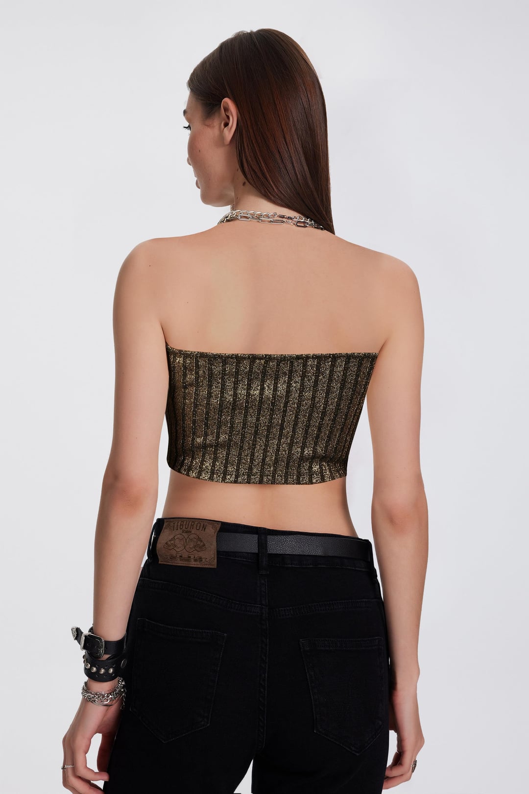 Simli Siyah Straplez Crop Top