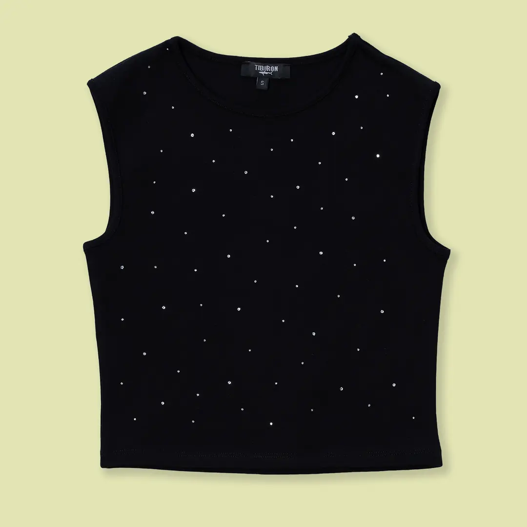 Taş Baskılı Siyah Kolsuz Tişört