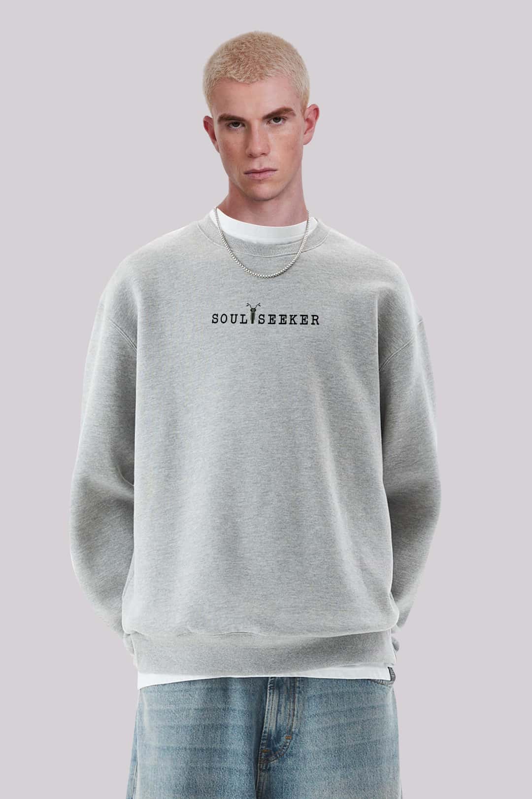 Nakışlı Melanj Erkek Oversize Sweatshirt