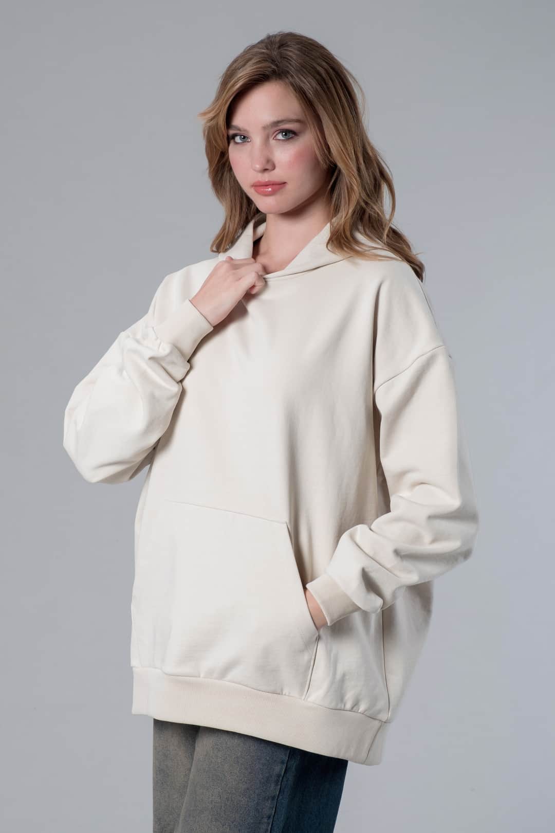 Ekru Kapüşonlu Cepli Hoodie