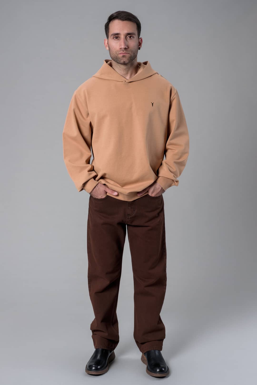 Nakış Detaylı Bej Oversize Hoodie