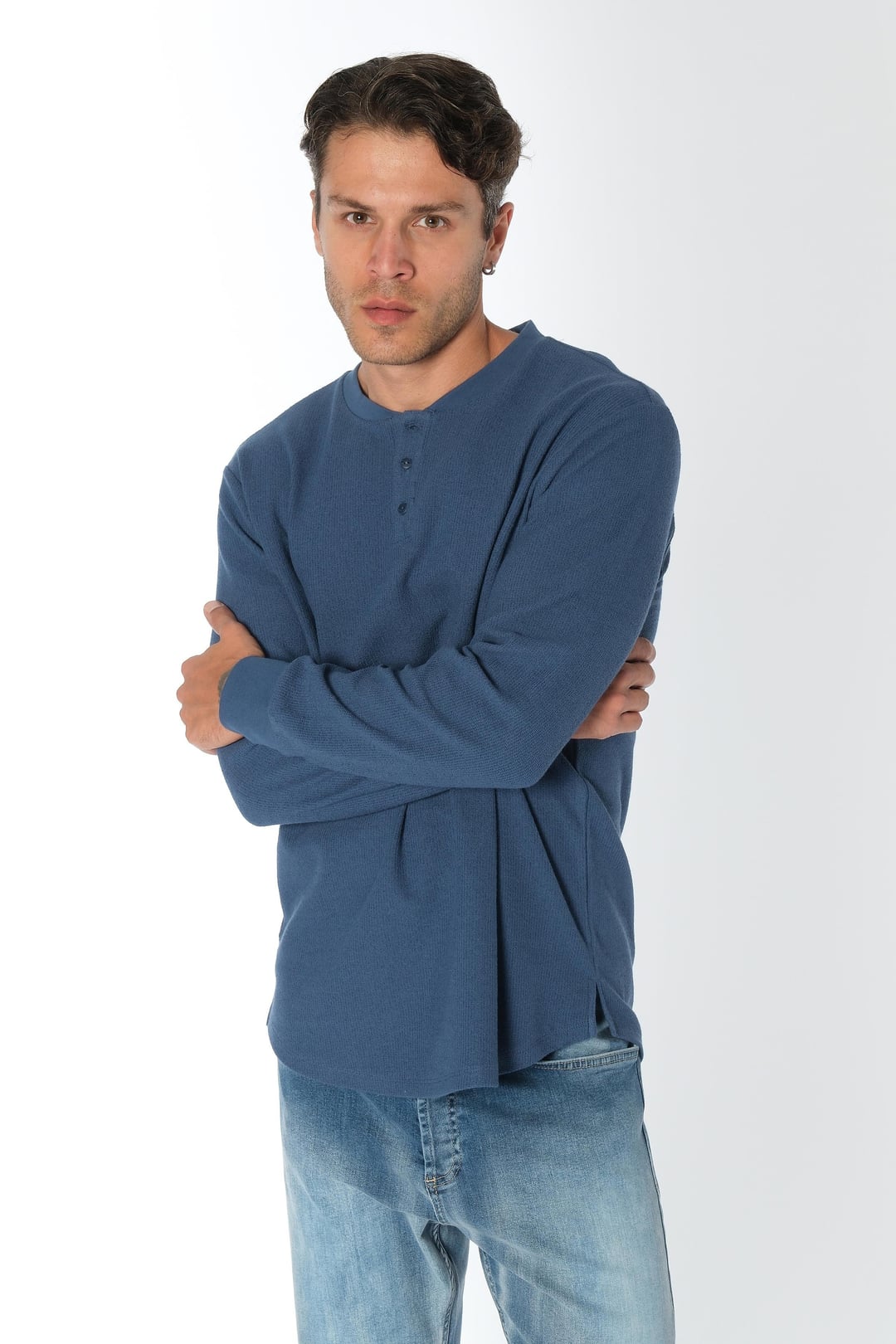 Lacivert Düğmeli Uzun Kollu Tshirt