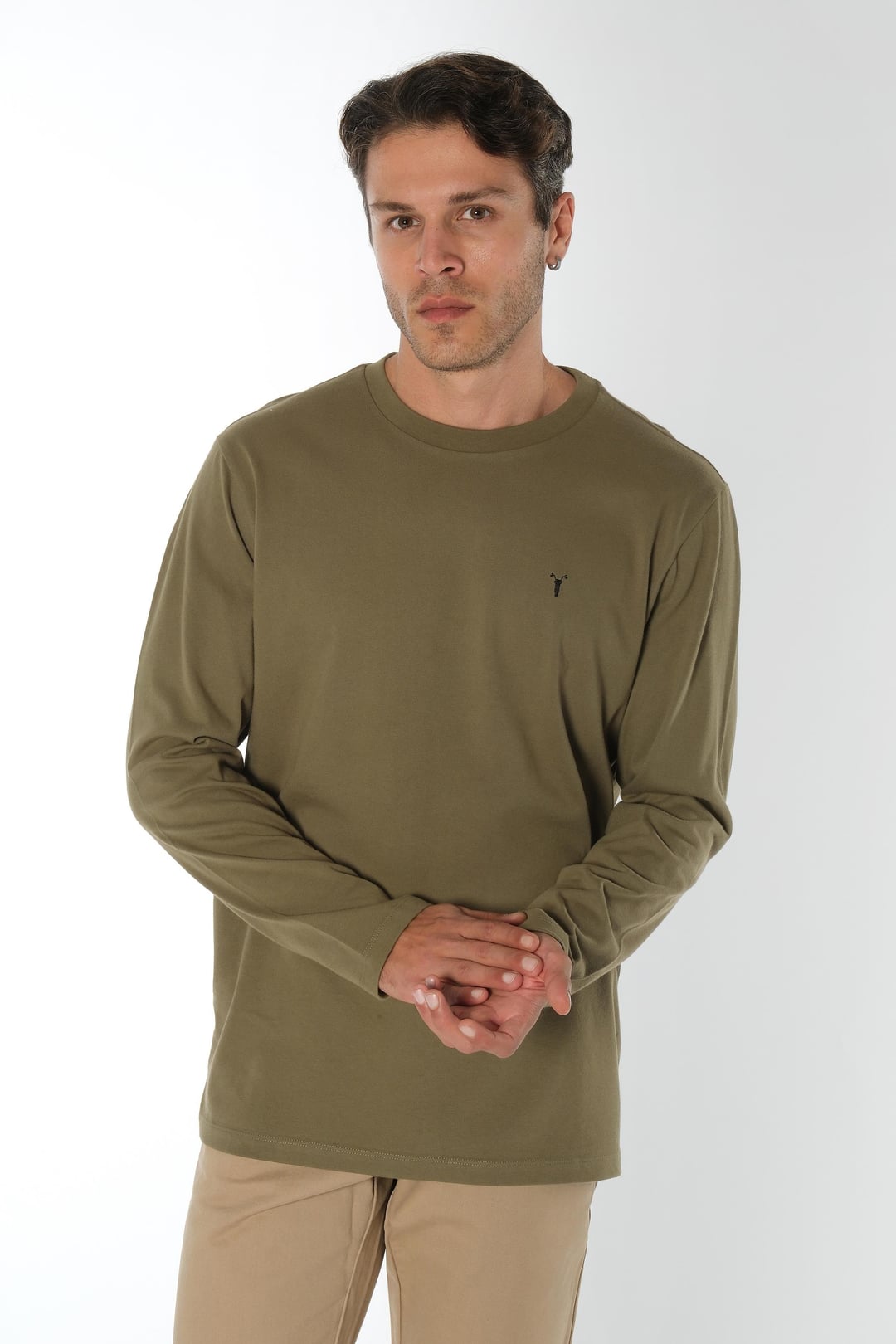 Nakışlı Haki Uzun Kollu Tshirt