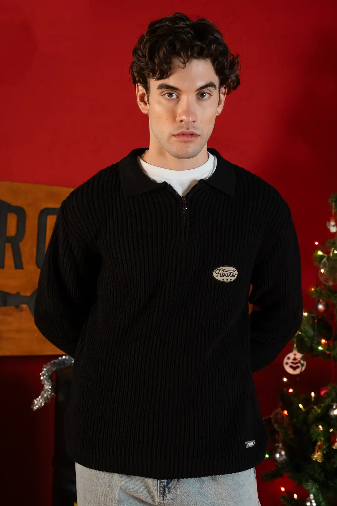 Fermuarlı Polo Yaka Siyah Erkek Kazak