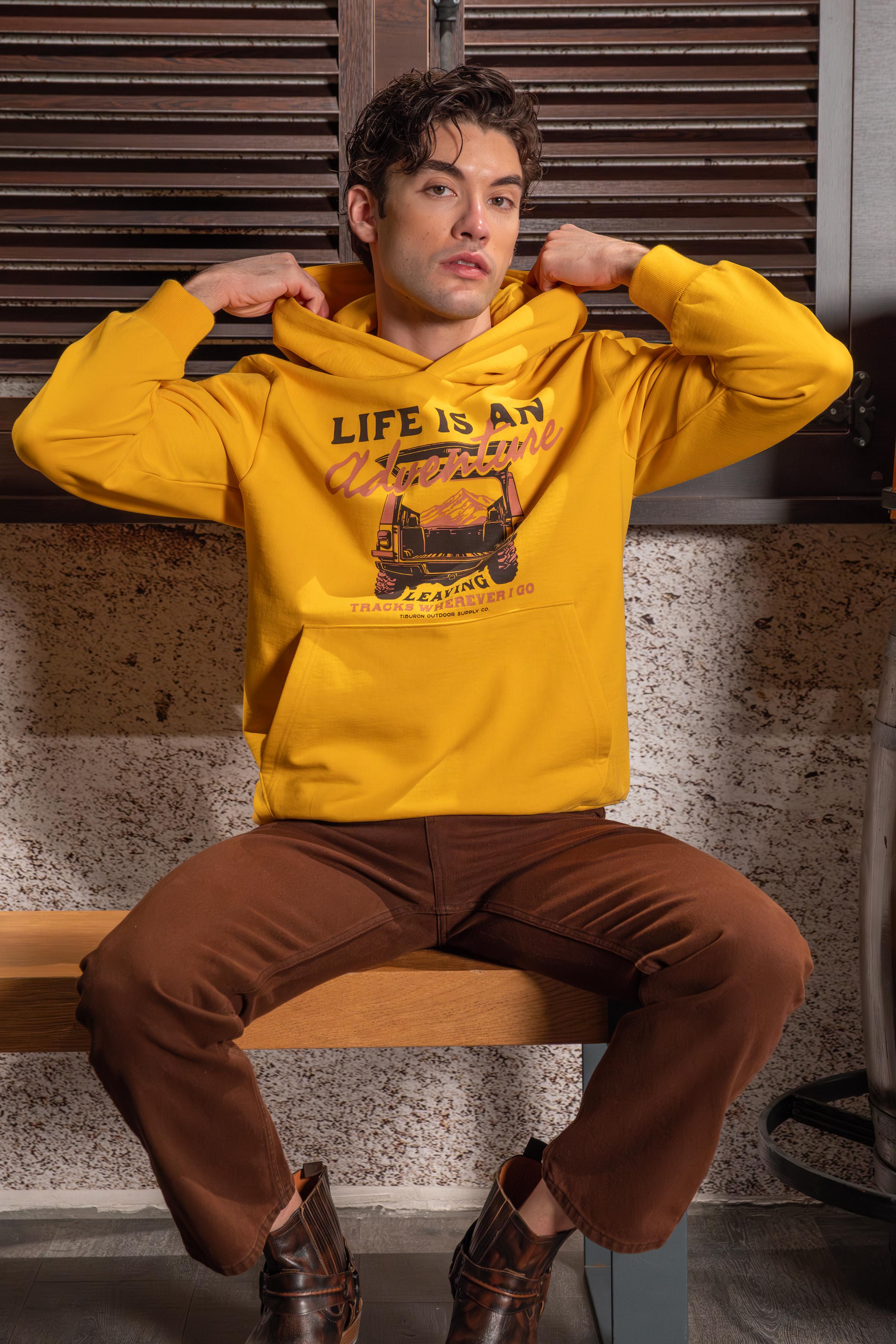 Baskılı Kapüşonlu Regular Sarı Erkek Hoodie