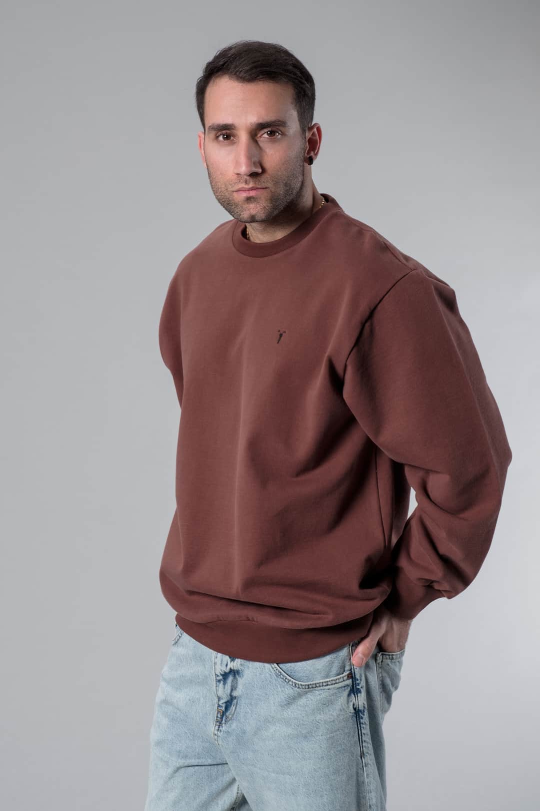 Bisiklet Yaka Kahverengi Oversize Sweatshirt