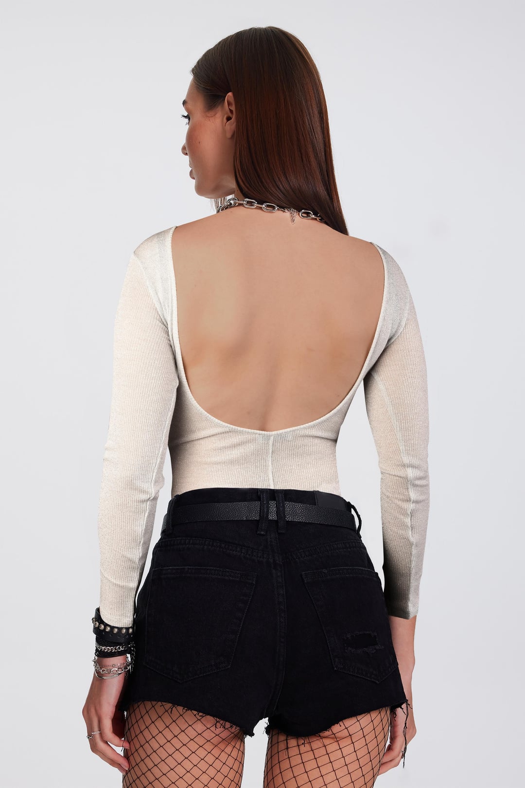 Gri Simli Transparan Çıtçıtlı Body