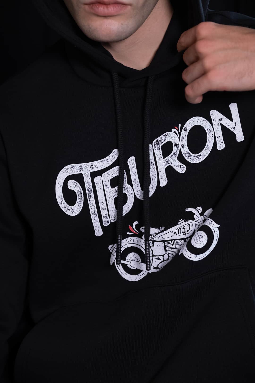 Tiburon Baskılı Şardonlu Siyah Erkek Hoodie