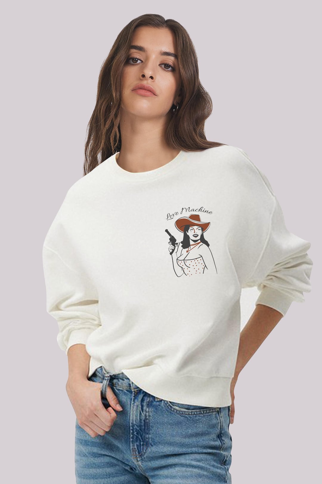 Göğsü Baskılı Manşetli Kadın Beyaz Sweatshirt