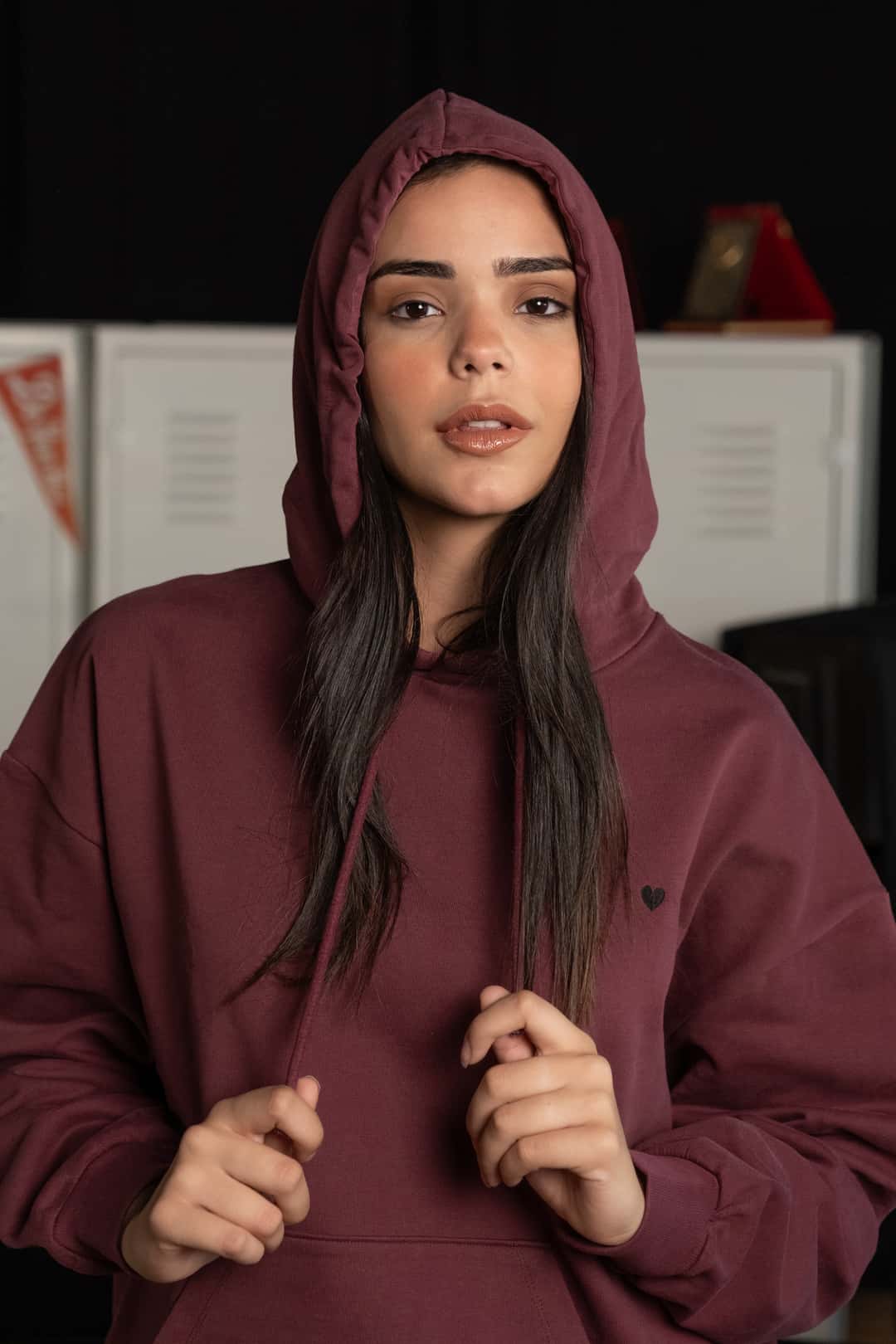 Bordo Kapüşonlu Nakışlı Hoodie