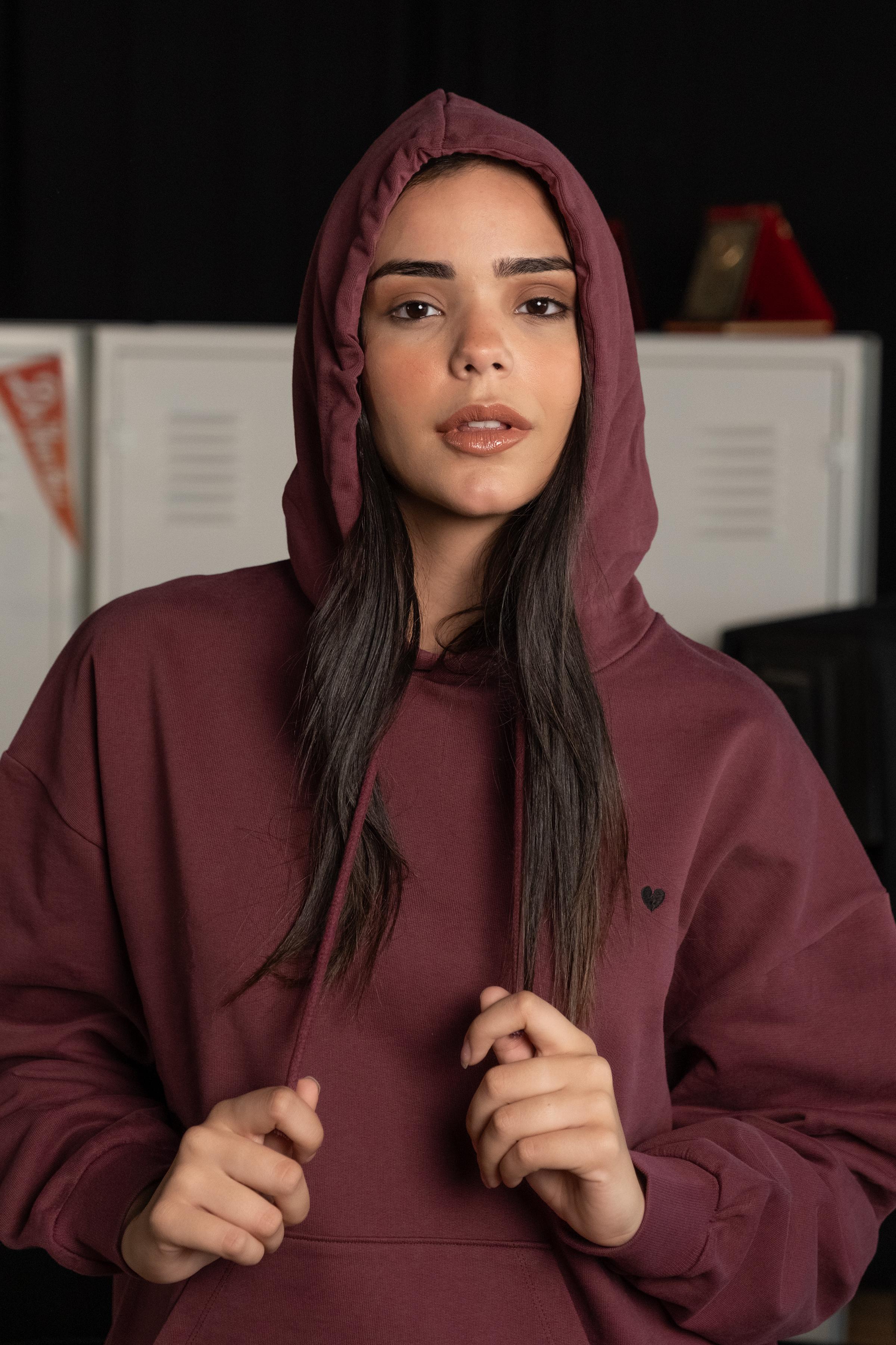 Bordo Kapüşonlu Nakışlı Hoodie