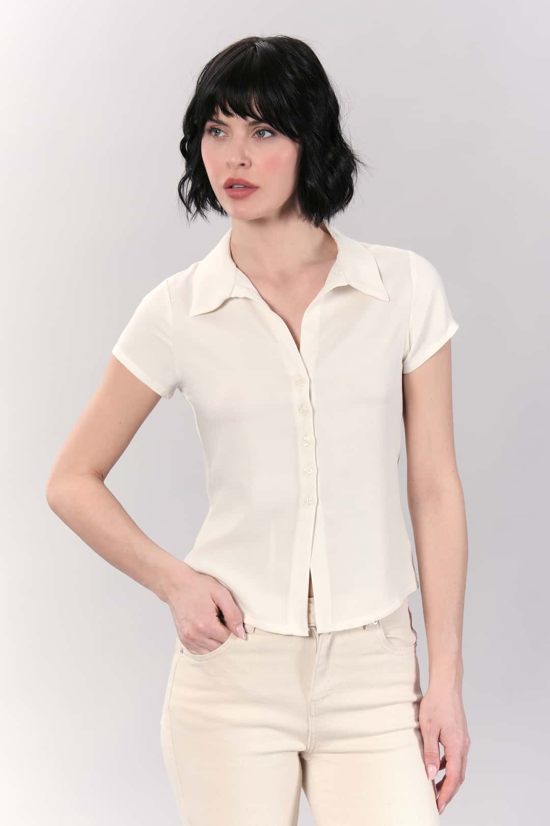 Ekru Tencel Dar Kesim Gömlek