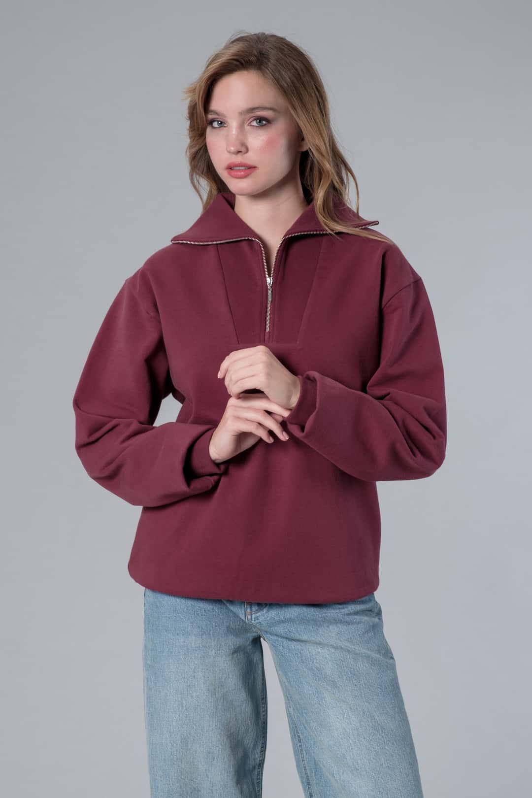 Yarım Fermuarlı Bordo Sweatshirt