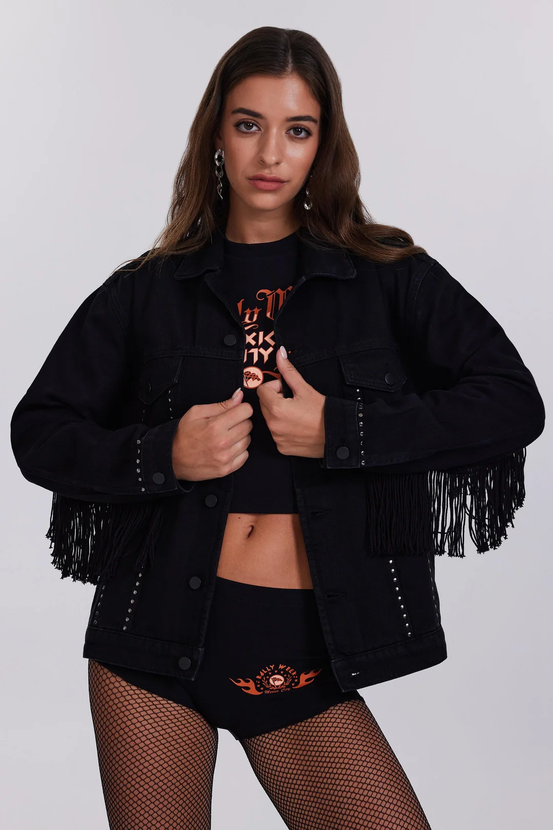 Püsküllü Kadın Siyah Kot Ceket