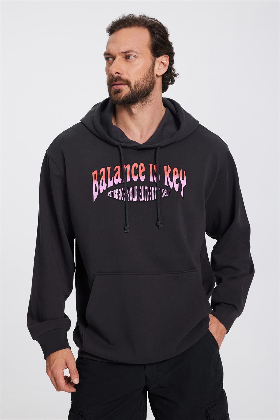 Baskılı Kapüşonlu Erkek Antrasit Oversize Hoodie