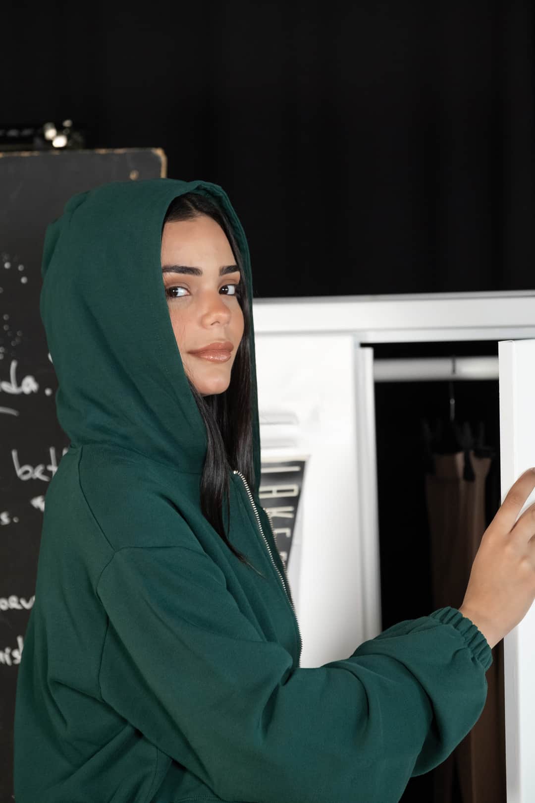 Fermuarlı Kapüşonlu Yeşil Crop Sweatshirt