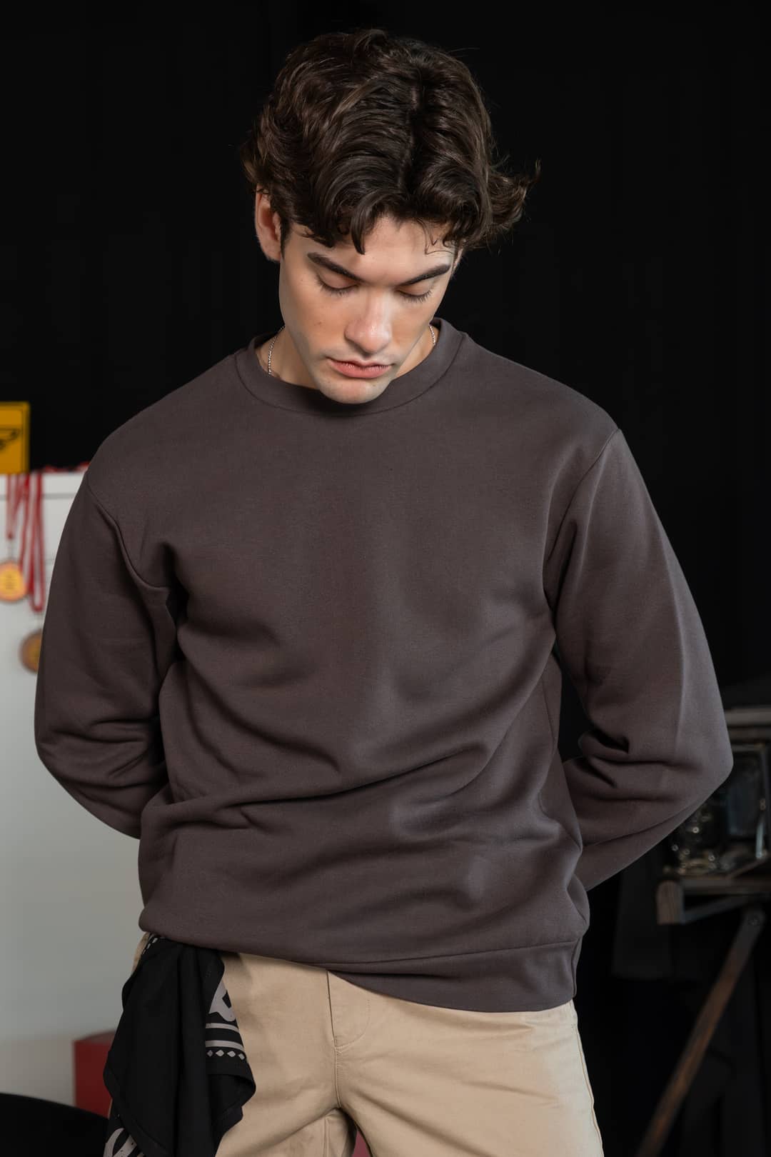 Erkek Kahverengi Bisiklet Yaka Basic Sweatshirt