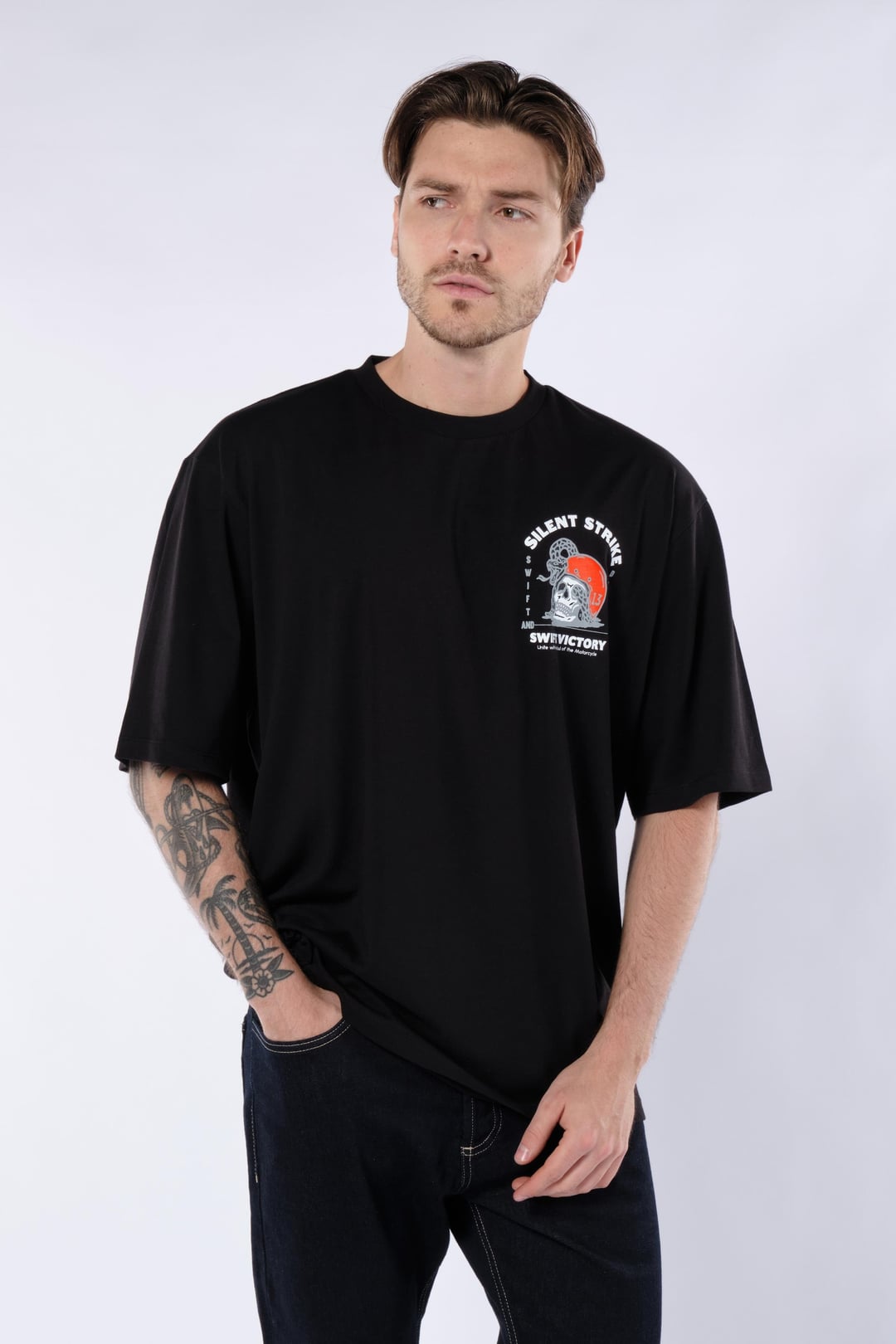 Yılan Baskılı Erkek Siyah Oversize Tişört