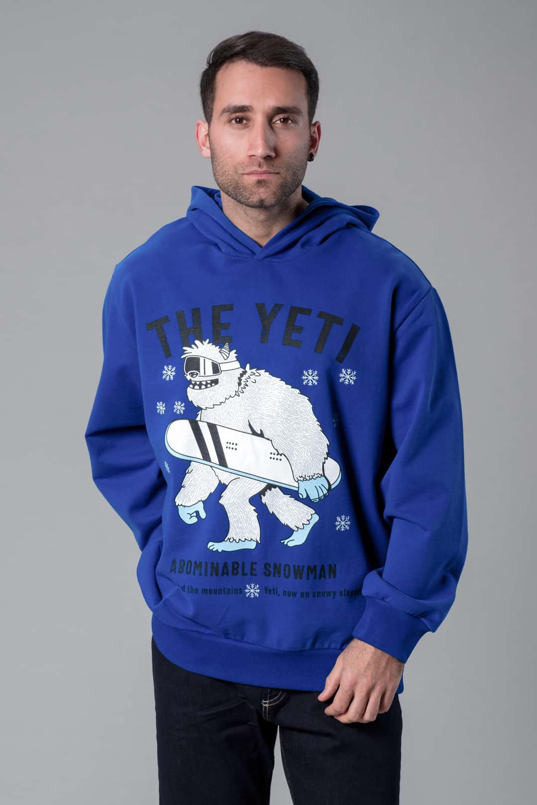 Kapüşonlu Önü Baskılı Mavi Oversize Hoodie