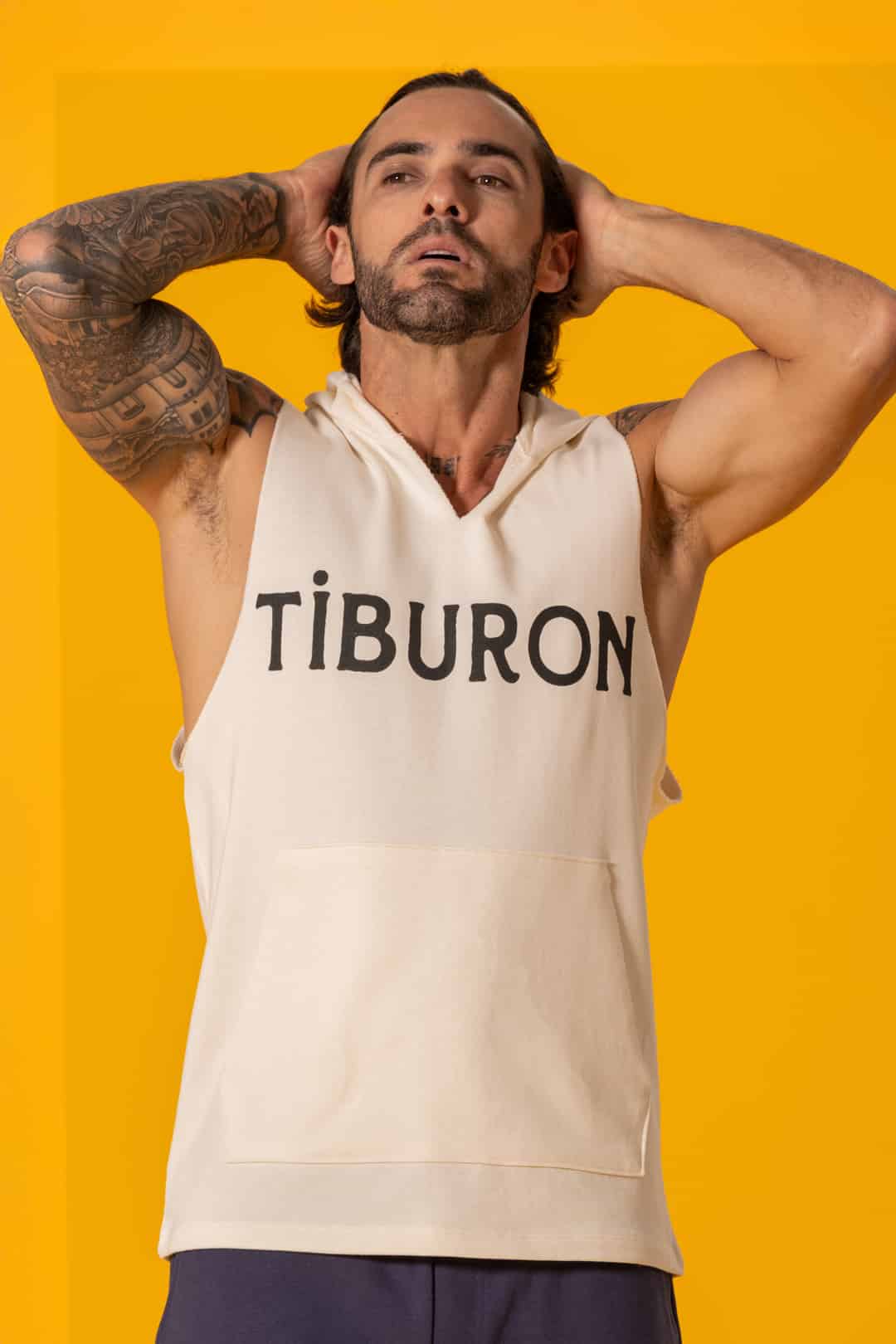 Tiburon Baskılı Ekru Kapüşonlu Kolsuz Sweatshirt