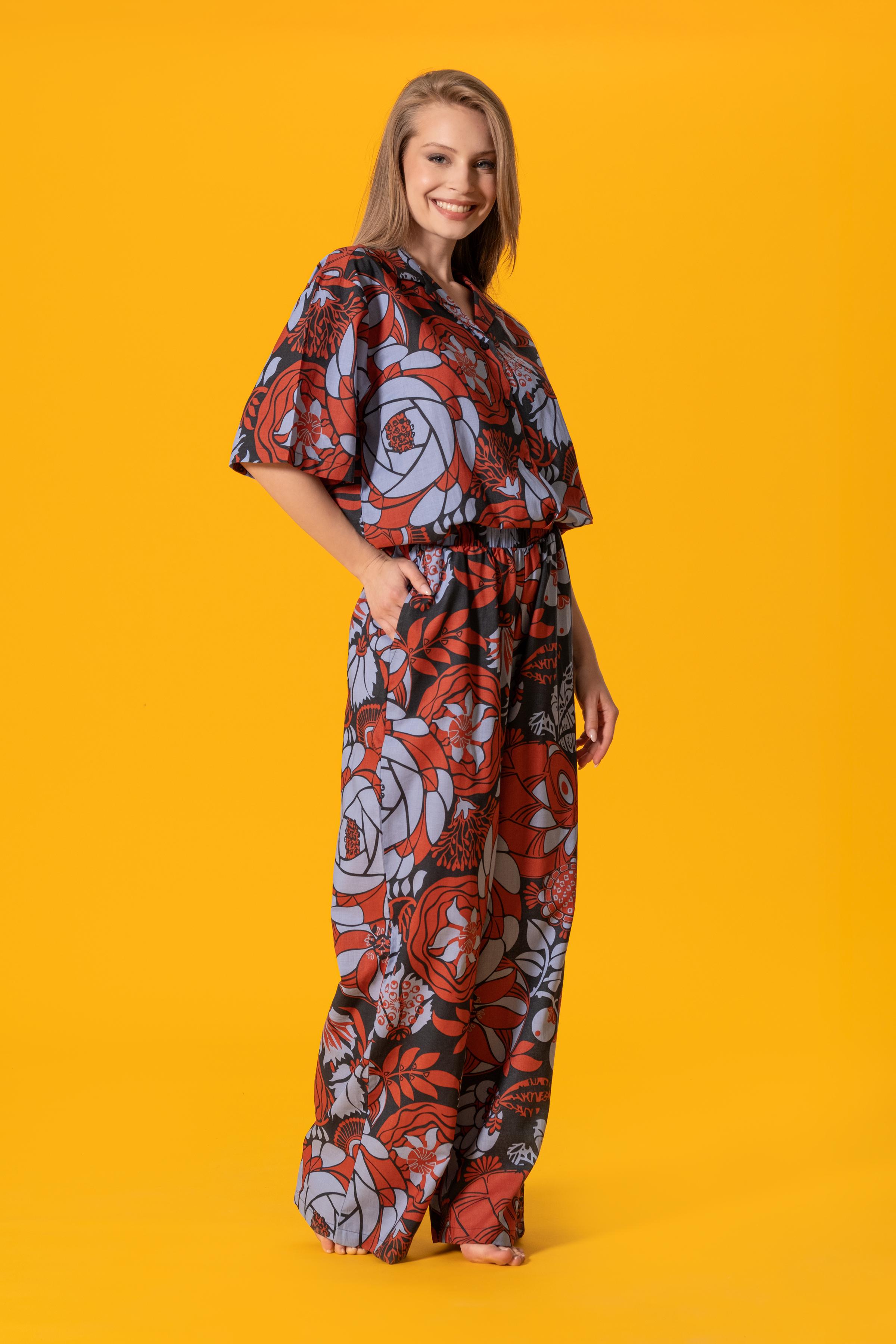 Çiçek Desenli Poplin Pantolon