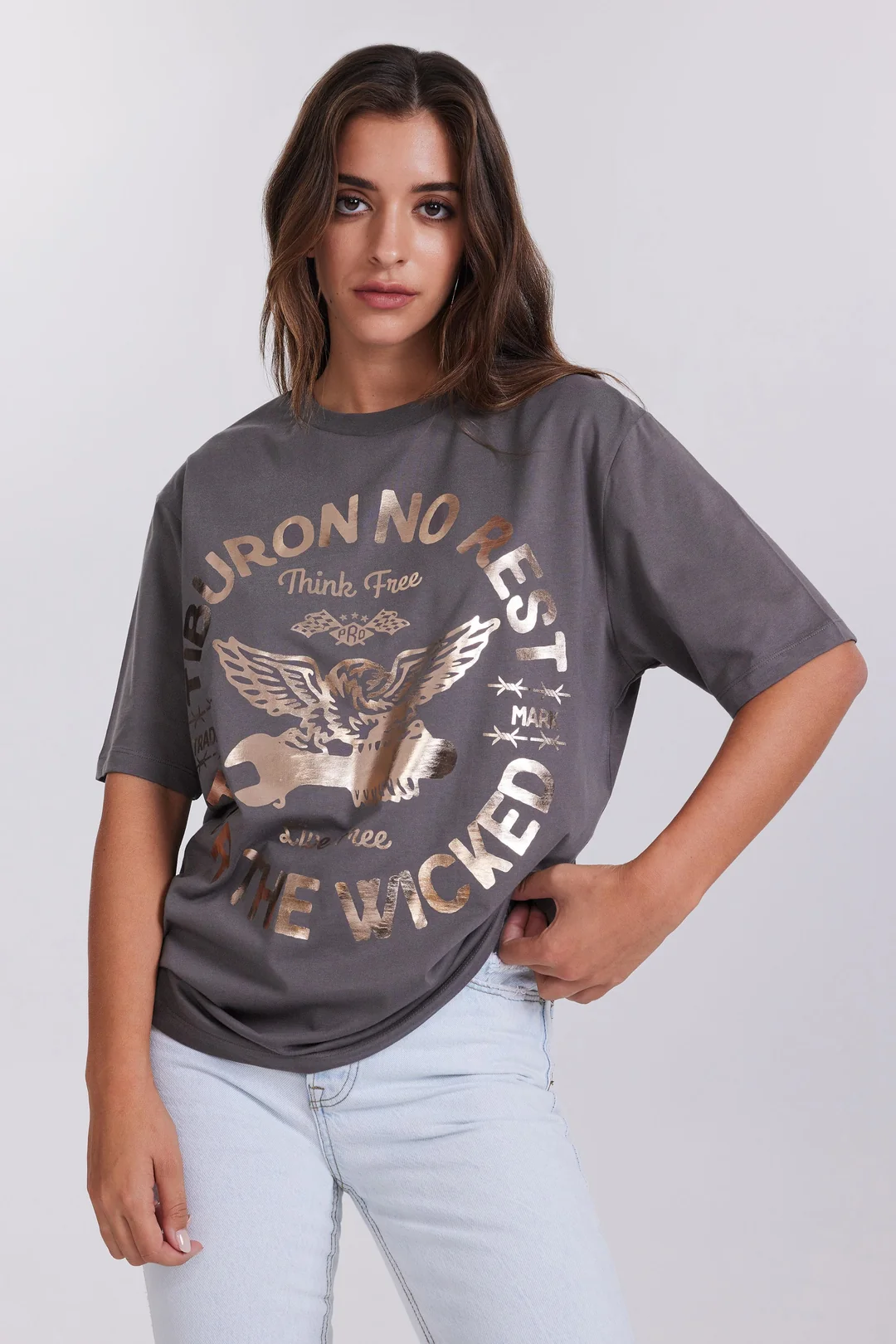 Varak Baskılı Kadın Füme Kısa Kollu Tişört