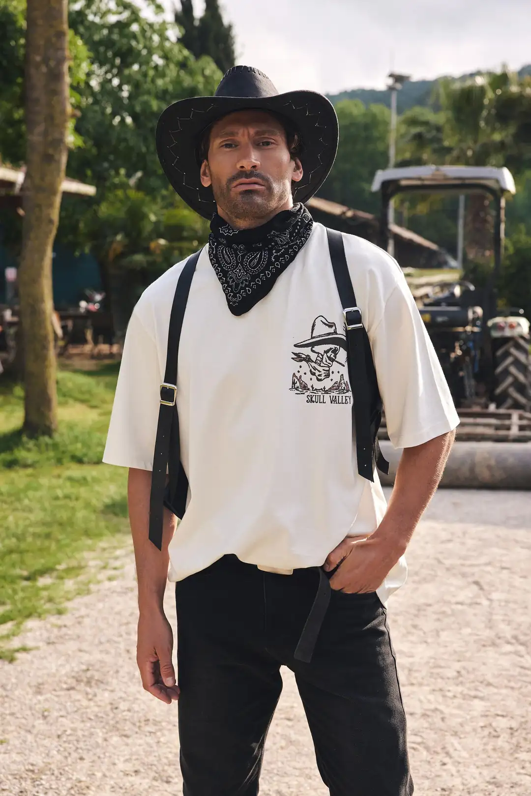 Kovboy Kuru Kafa Baskılı Ekru Erkek Oversize Tişört