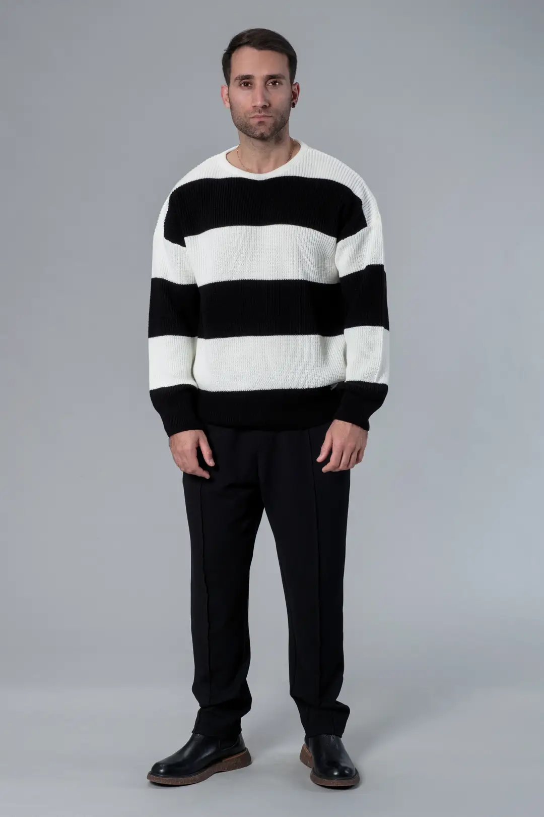 Çizgili Bisiklet Yaka Erkek Kazak