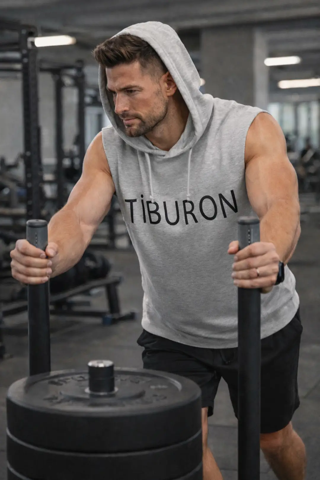 Erkek Baskılı Gri Melanj Kapüşonlu Kolsuz Hoodie