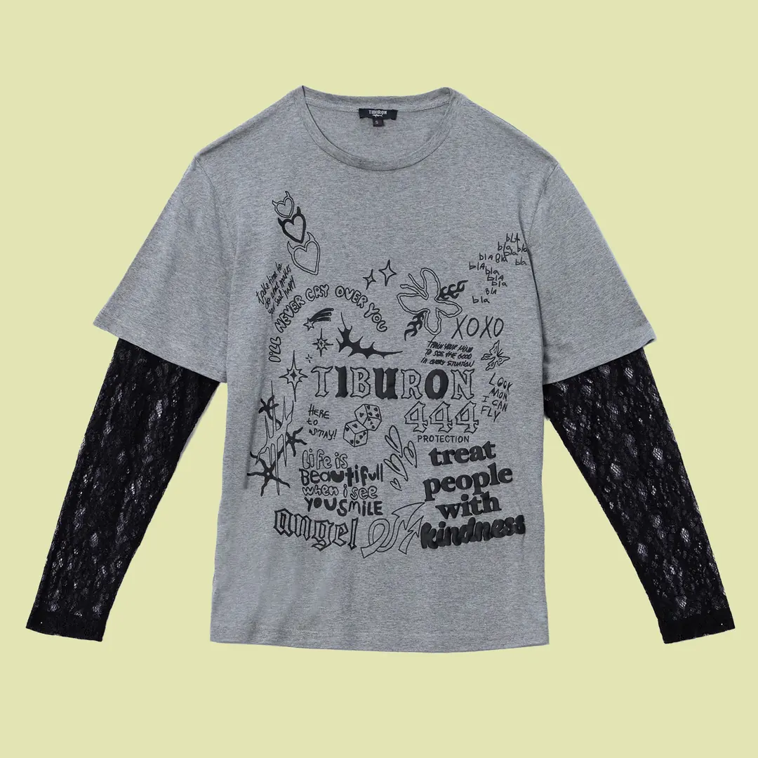 Baskılı Dantel Kol Detaylı Tişört