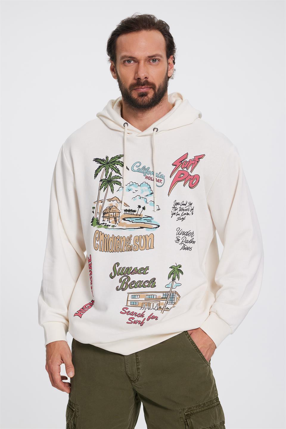 Renkli Baskılı Ekru Kapüşonlu Hoodie