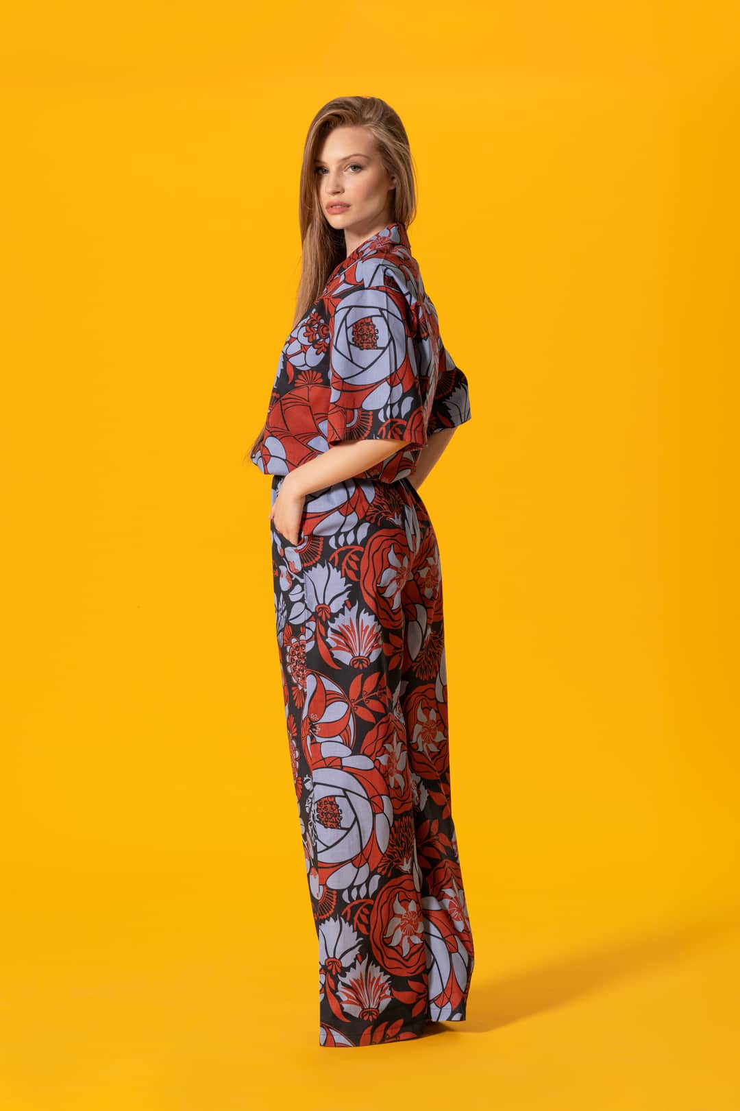 Lacivert Çiçek Desenli Poplin Pantolon